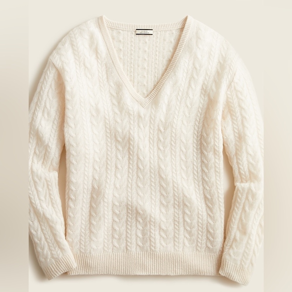 J Crew Sweater Women’s Size XS Beige Cable Knit Cashmere V Neck Cream Relaxed
